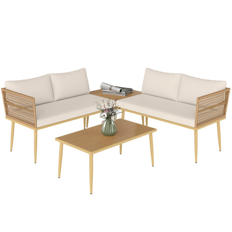 easycomfort easycomfort set salotto da esterno in rattan pe con 2 divani a 2 posti con cuscini e 2 tavoli da caffe colore legno