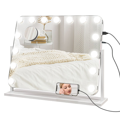 easycomfort easycomfort specchio da trucco con 14 luci led regolabili e ricarica usb in vetro e metallo 62 5x14x49 5 cm bianco