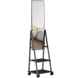 easycomfort easycomfort specchio verticale da terra con 2 ripiani e 4 rotelle in acciaio e legno 42x37x155 cm nero