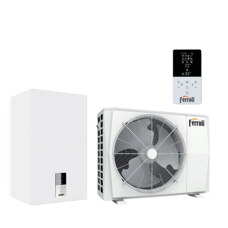 pompa di calore ibrida aria acqua ferroli omnia s hybrid 3.2 c 8 kw per installazione splittata con produzione sanitaria istantanea comando incluso a bordo macchina