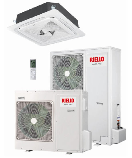 riello condizionatore a cassetta 4 vie 90x90 riello 48000 btu aaria pro p amk 140 p trifase r 32 con pannello e telecomando inclusi