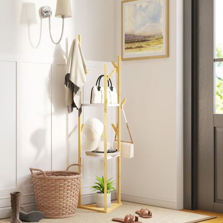 easycomfort easycomfort albero appendiabiti da terra in bambu con 9 ganci e 3 ripiani legno naturale e bianco