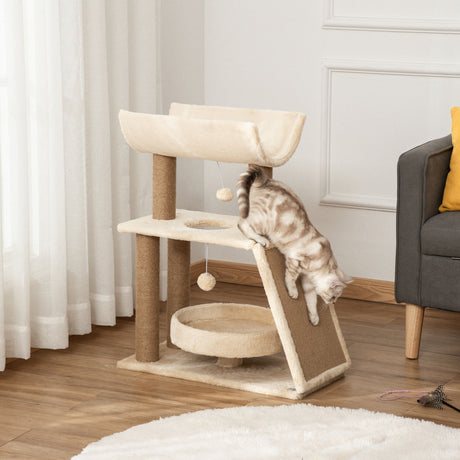 easycomfort easycomfort albero tiragraffi per gatti con lettino cuccia e tappetino in legno peluche e sisal 60x30x76 cm marrone chiaro
