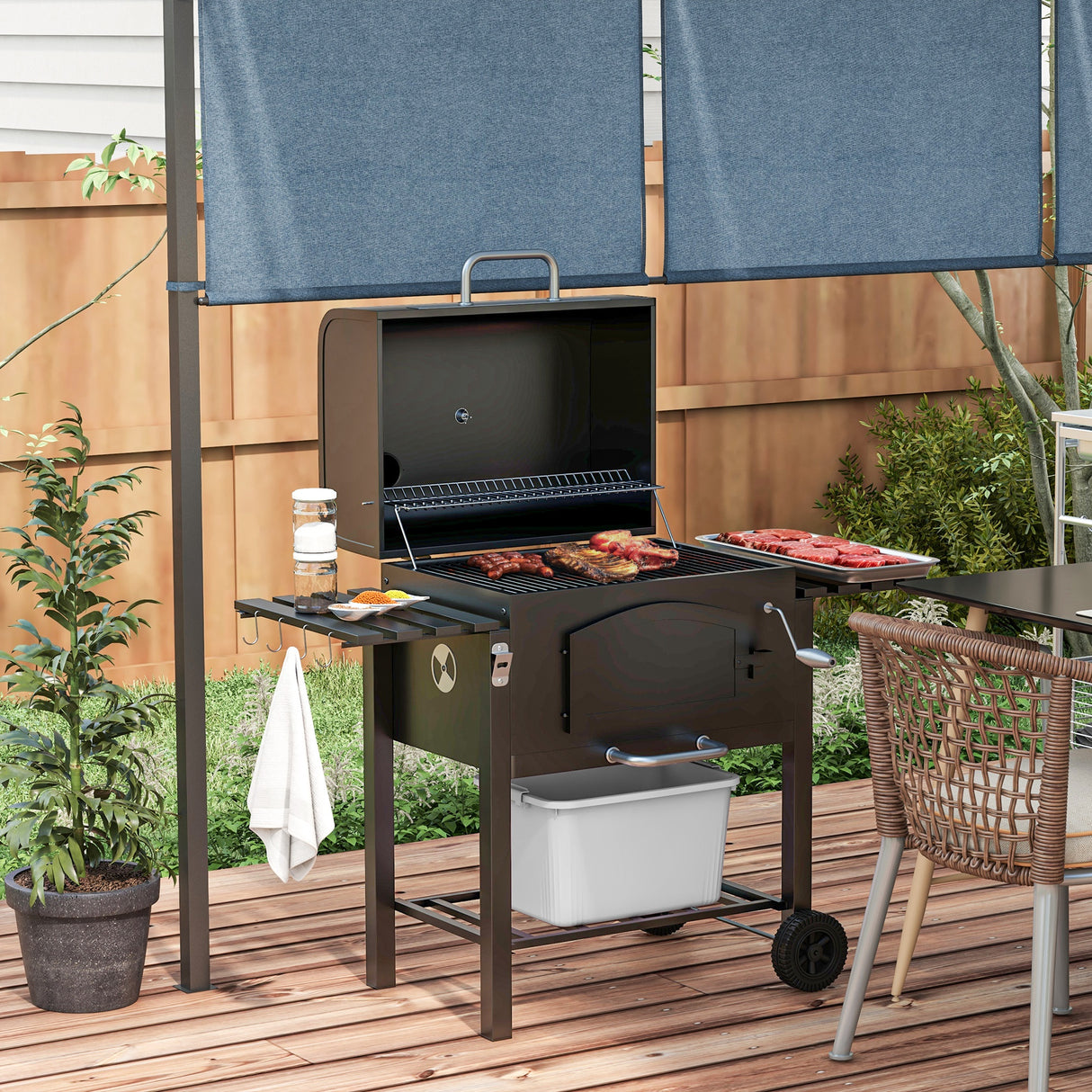 easycomfort easycomfort barbecue da giardino a 2 ruote con griglia affumicatore e fornello in metallo e ghisa 124x66x112 cm nero
