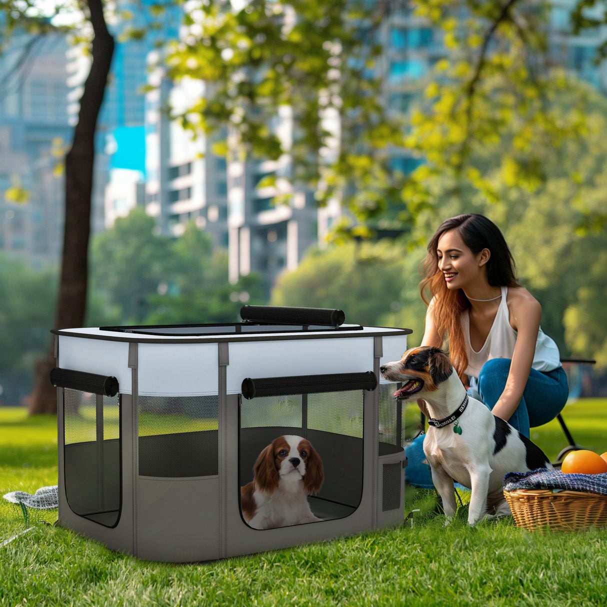 easycomfort easycomfort box per animali con 7 finestre 3 porte e 2 borse portaoggetti in poliestere e acciaio 84x64x53 cm