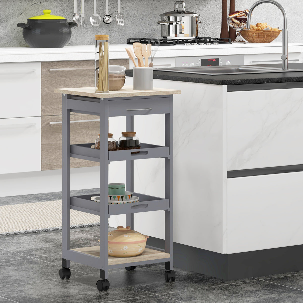 easycomfort easycomfort carrello da cucina con cassetto 2 vassoi estraibili e ripiano fisso in legno di pino e mdf 37x37x76 cm