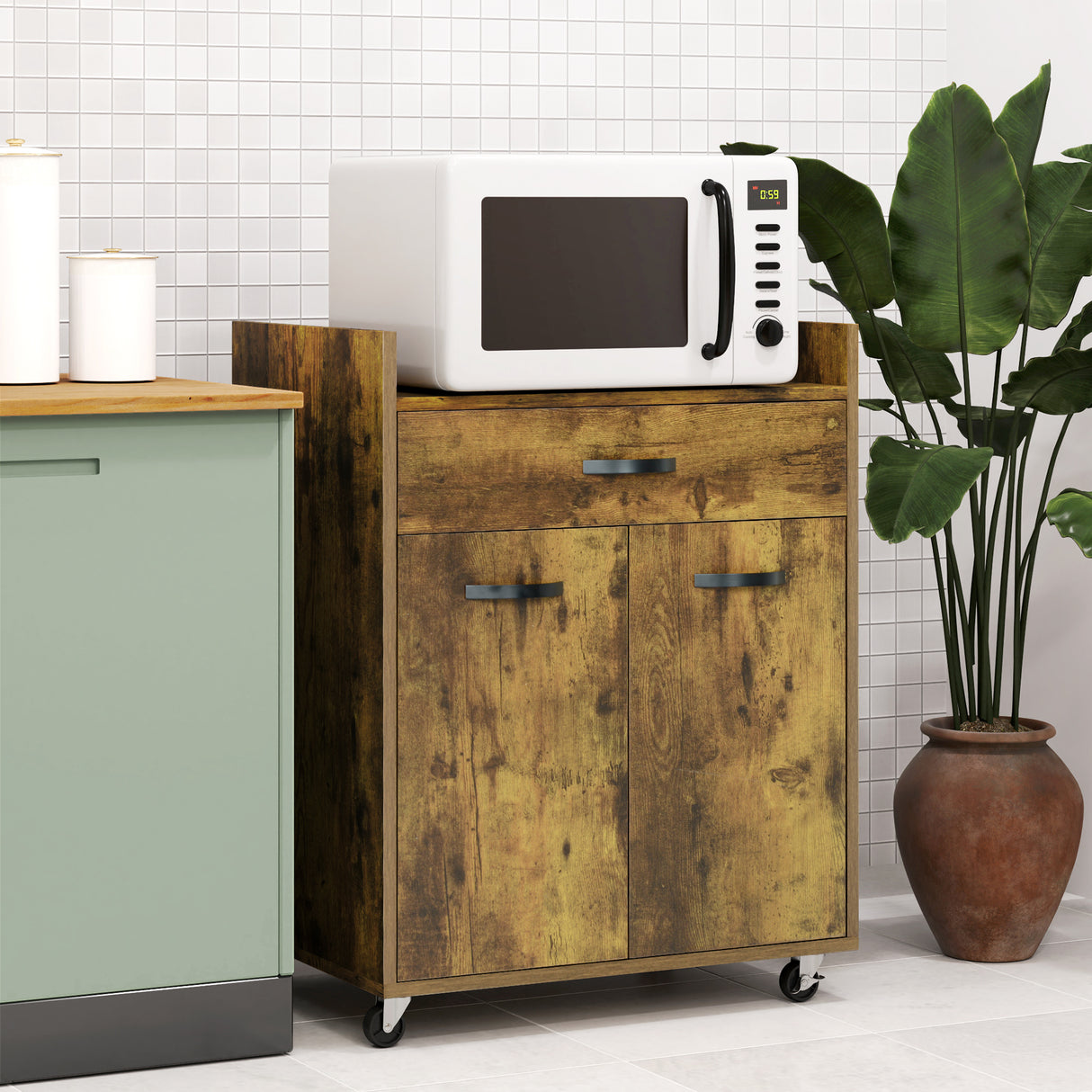 easycomfort easycomfort carrello da cucina con cassetto armadietto e 4 ruote in legno 60x40x77cm marrone rustico