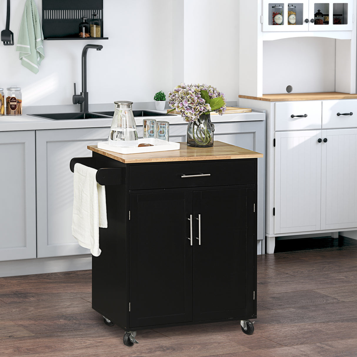 easycomfort easycomfort carrello da cucina con cassetto e armadietto 2 ante ruote e barra laterale 83x45x91 5cm nero
