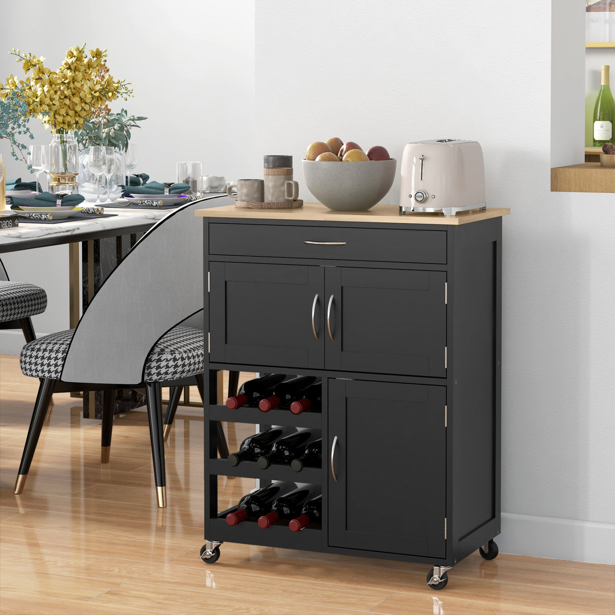 easycomfort easycomfort carrello da cucina in legno con portabottiglie 3 ante e cassetto 67x37x87 cm nero e rovere