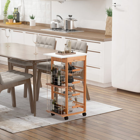 easycomfort easycomfort carrello da cucina in legno marrone con 1 cassetto e 4 cestelli metallici