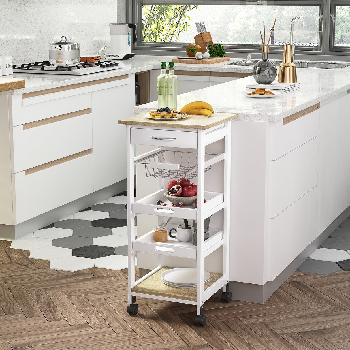 easycomfort easycomfort carrello da cucina salvaspazio in legno di pino e mdf carrello portaoggetti con cassetto cestello 2 vassoi e 4 ruote universale 37x37x82cm bianco ean 8054111844161