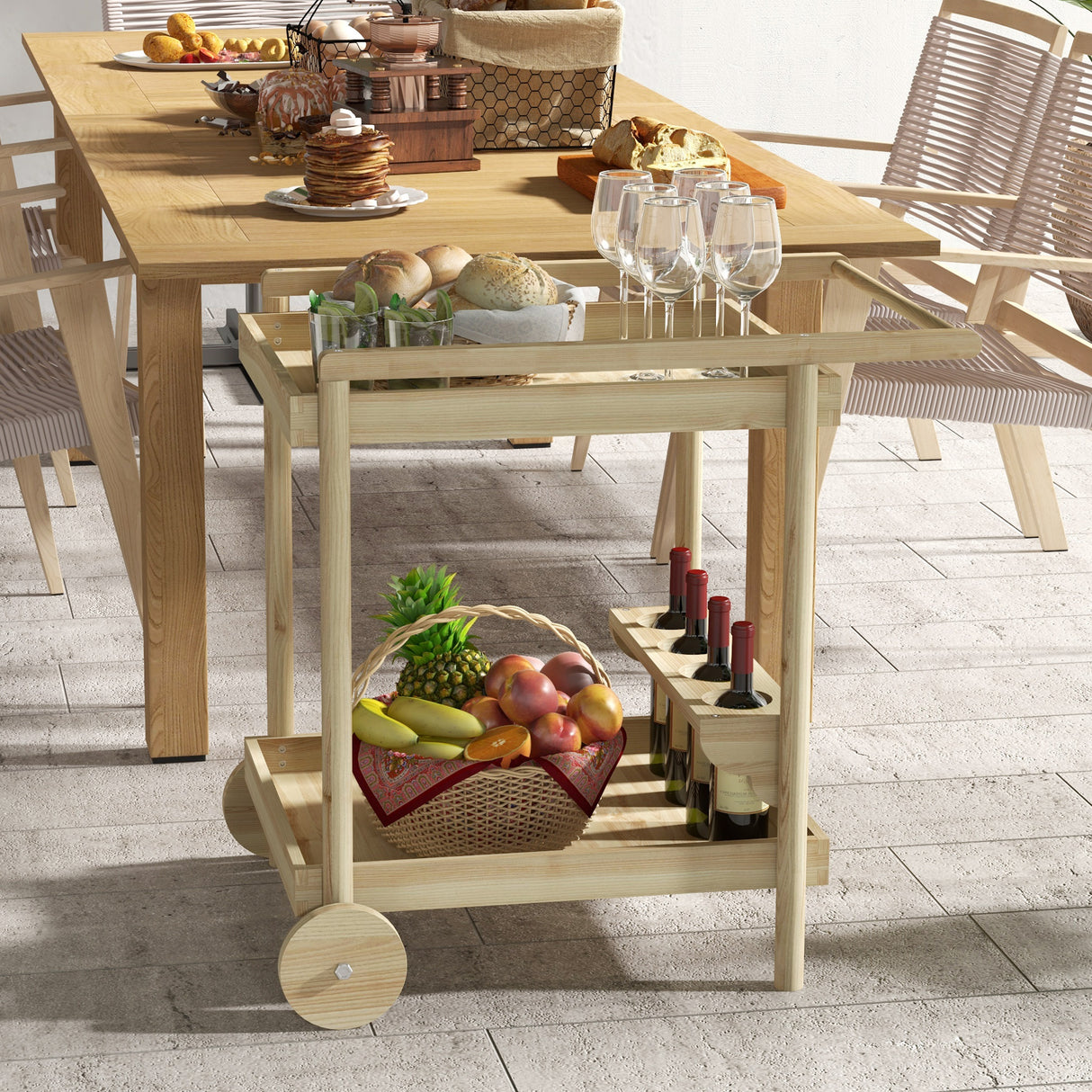 easycomfort easycomfort carrello da giardino a 2 ripiani e 4 spazi portabottiglie in legno di abete 78x58 5x75 cm