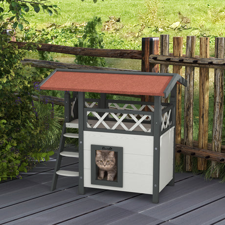 easycomfort easycomfort casetta per gatti da esterno con terrazza e scaletta in legno 77x50x73cm bianco e grigio