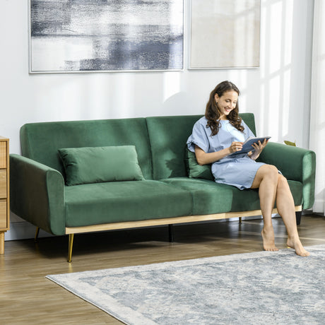 easycomfort easycomfort divano letto 3 posti con design clic clac e 2 cuscini in tessuto effetto velluto 206x81x83 cm verde
