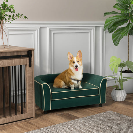 easycomfort easycomfort divano per cani taglia piccola e media con cuscino in tessuto effetto velluto e legno 79x56x35 cm verde scuro