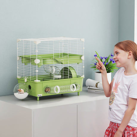 easycomfort easycomfort gabbia per criceti a 2 livelli e 3 porte con ruota e tubi in acciaio ps e pp 44 5x28x44 cm verde e bianco