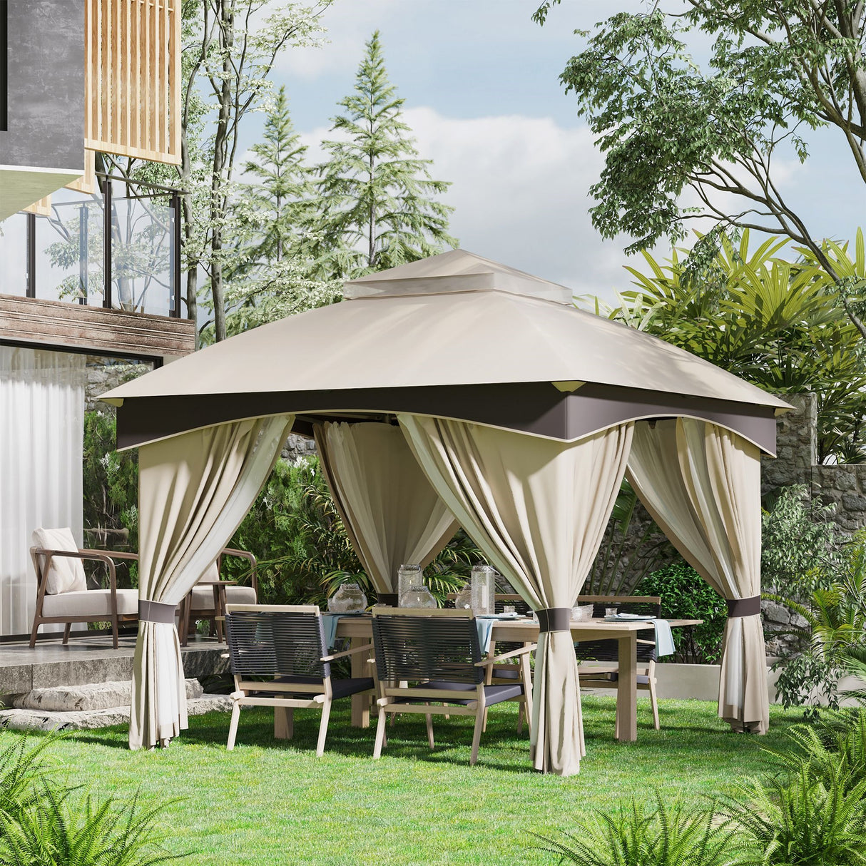 easycomfort easycomfort gazebo da giardino 3x3m in acciaio con doppio tettuccio e tende beige e grigio