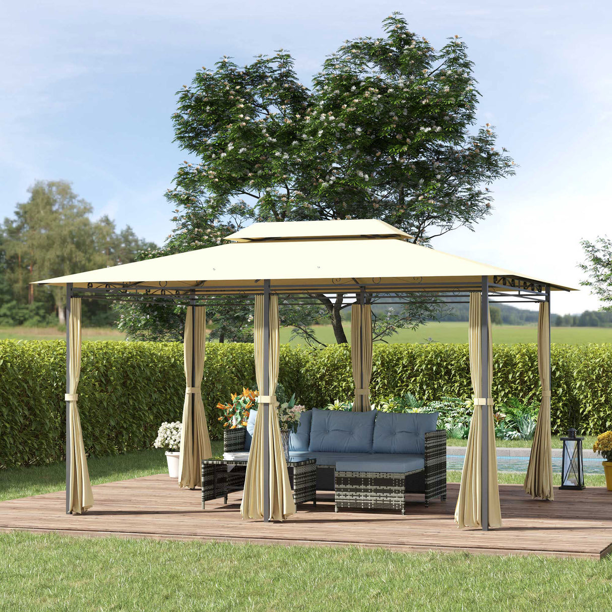 easycomfort easycomfort gazebo da giardino 3x4 m con tende e tetto a 2 livelli bianco crema