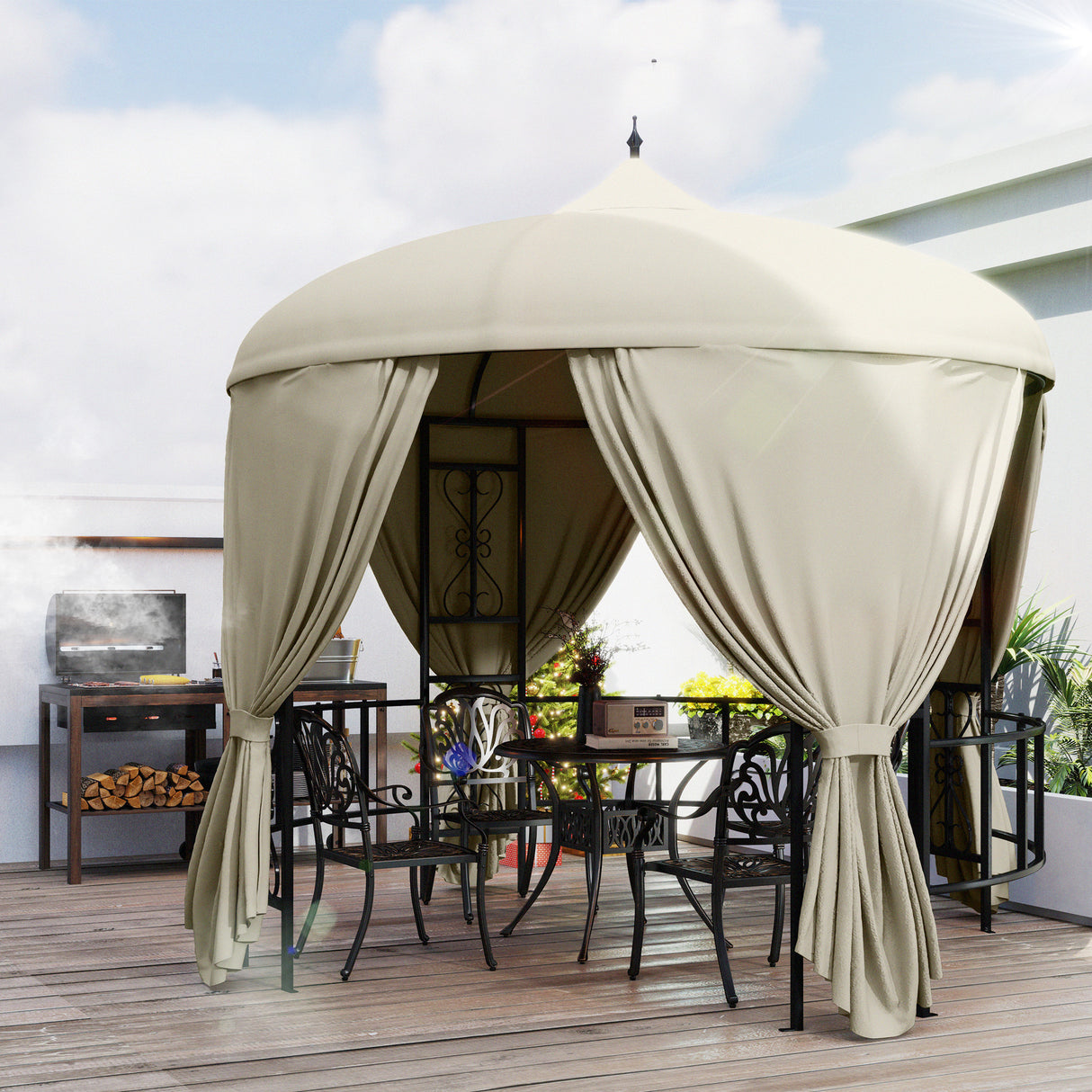 easycomfort easycomfort gazebo da giardino rotondo 3m con tende e prese daria in metallo e poliestere beige