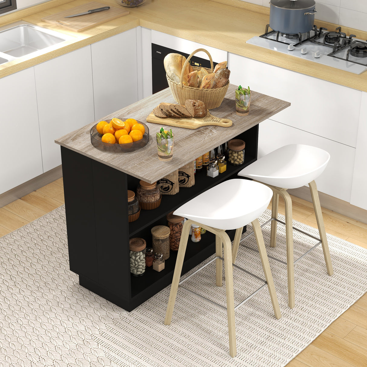 easycomfort easycomfort isola per cucina con 2 ripiani aperti e 2 armadietti in mdf 105x60x82 cm color rovere e nero
