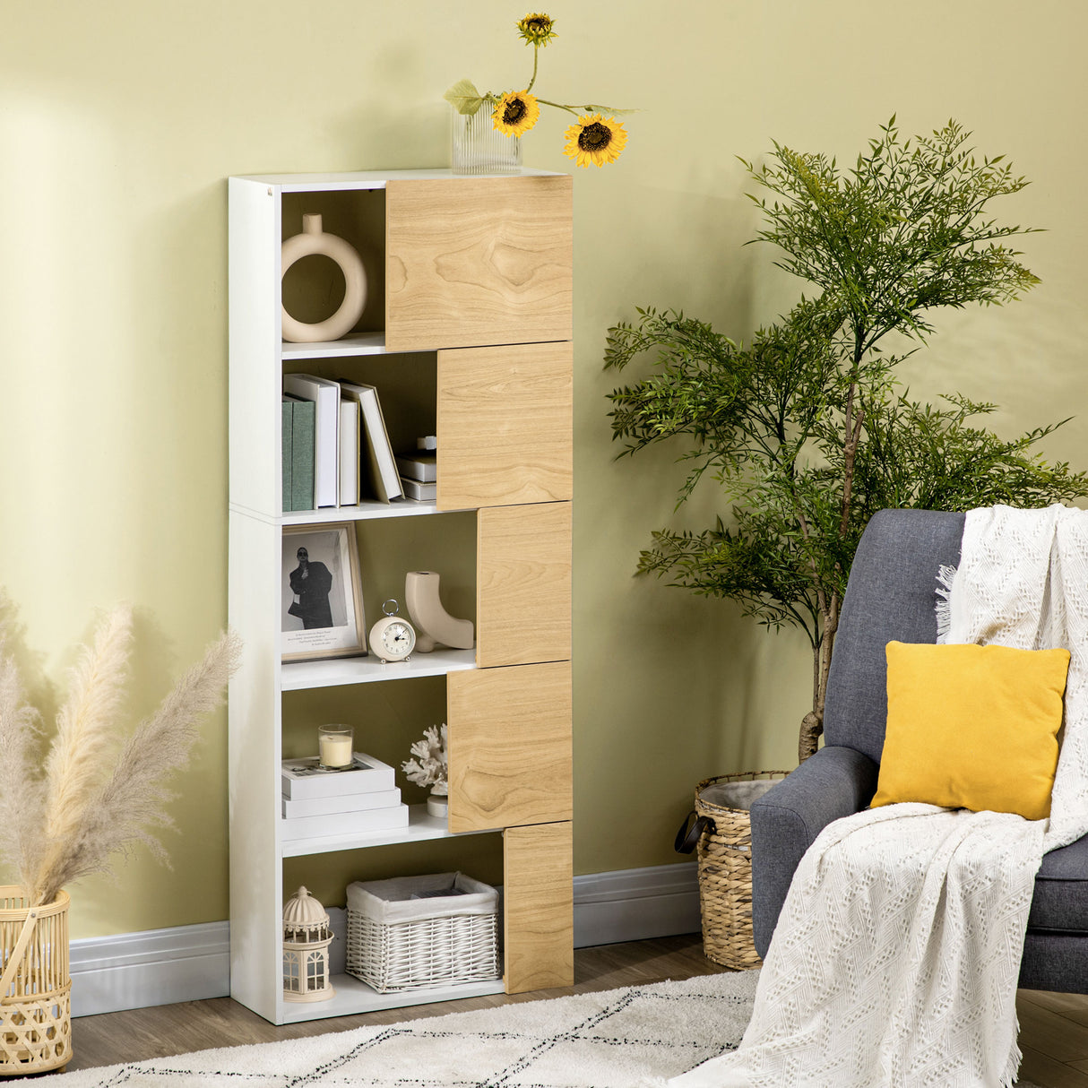 immagine-2-easycomfort-easycomfort-libreria-moderna-con-scaffali-asimmetrici-e-ante-soft-close-63x22x166cm-bianco-e-naturale