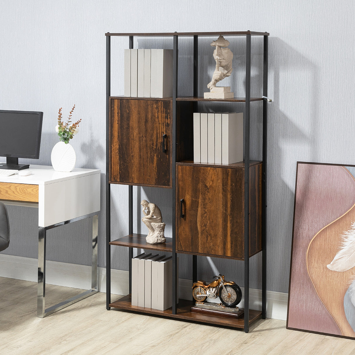 immagine-2-easycomfort-easycomfort-libreria-stile-industriale-con-4-ripiani-e-2-armadietti-90x30x159-5cm-nero-e-marrone