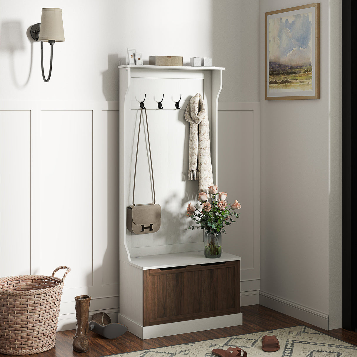 easycomfort easycomfort mobile appendiabiti 3 in 1 con 4 ganci e panca contenitore in legno 71 5x39 5x170 cm bianco