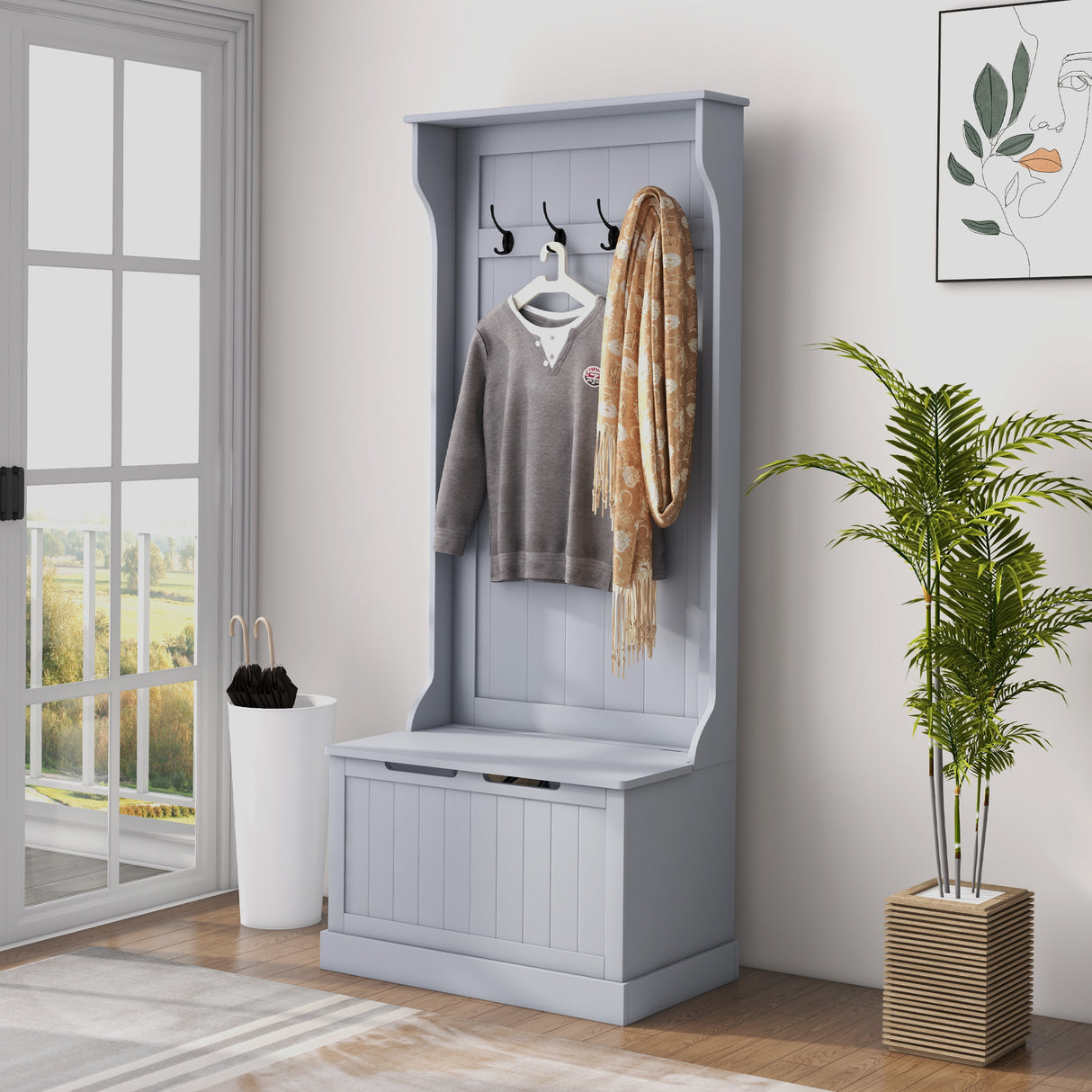 easycomfort easycomfort mobile appendiabiti 3 in 1 con 4 ganci e panca contenitore in legno 71 5x39 5x170 cm grigio