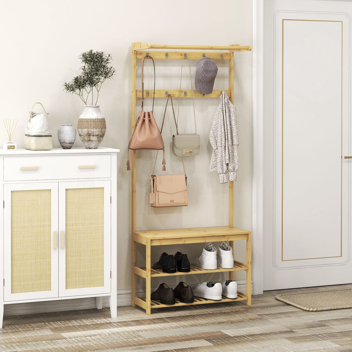 easycomfort easycomfort mobile appendiabiti 3 in 1 in bambu con 10 ganci 2 aste e panca scarpiera 70x31x170 cm marrone