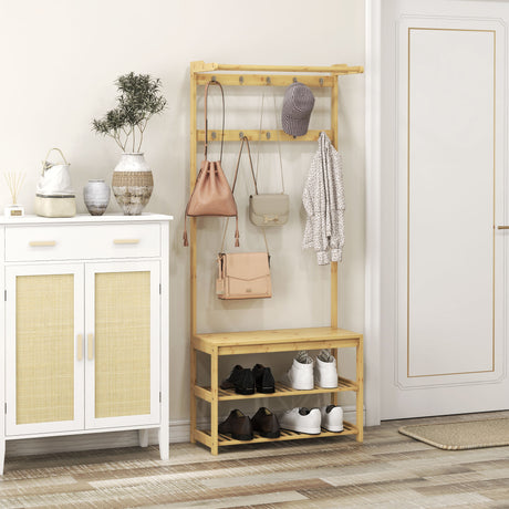 easycomfort easycomfort mobile appendiabiti 3 in 1 in bambu con 10 ganci 2 aste e panca scarpiera 70x31x170 cm marrone