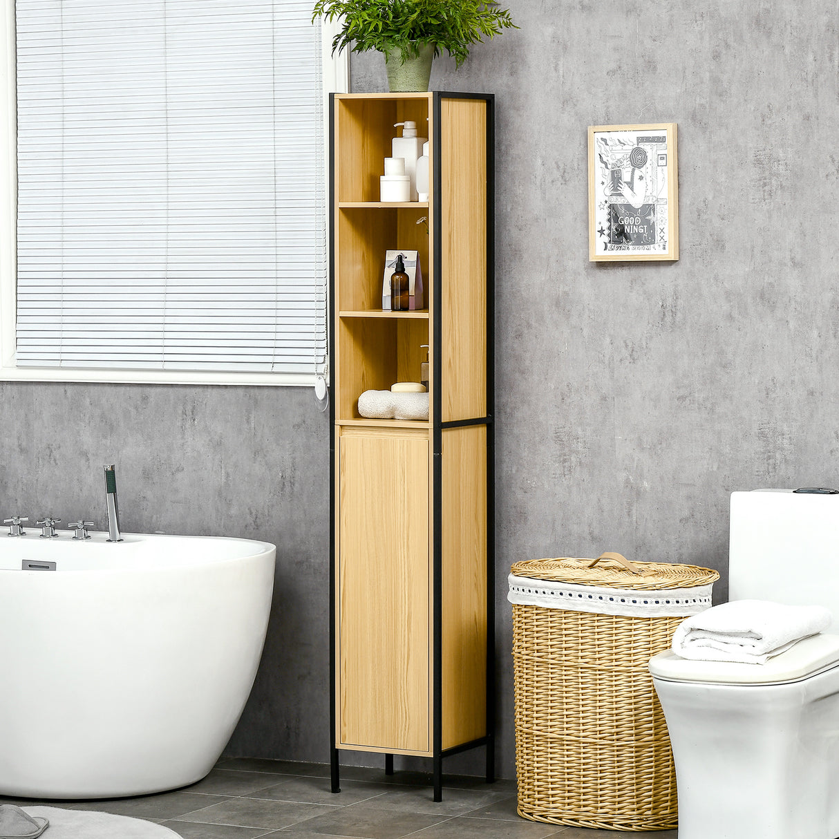 immagine-2-easycomfort-easycomfort-mobile-da-bagno-alto-in-truciolato-e-acciaio-colonna-bagno-con-3-ripiani-aperti-e-un-armadietto-30x28x168-cm