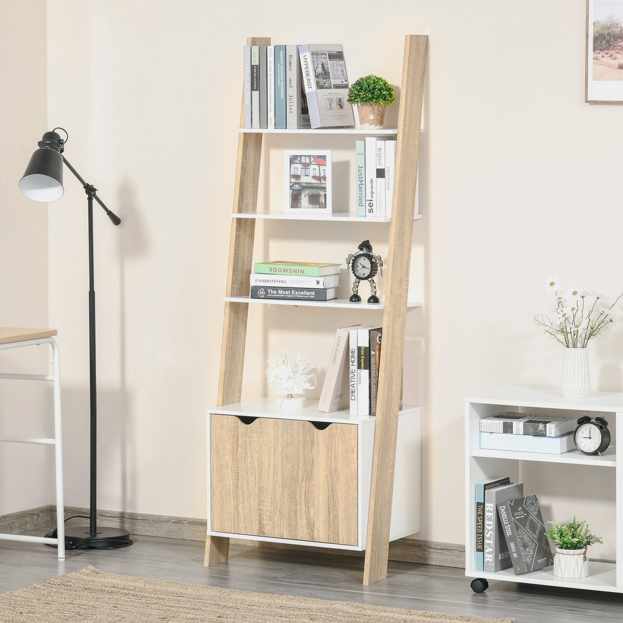 immagine-2-easycomfort-easycomfort-mobile-libreria-a-scala-con-3-mensole-e-armadietto-scaffale-moderno-stile-nordico-in-legno-60x40x171cm-rovere-e-bianco