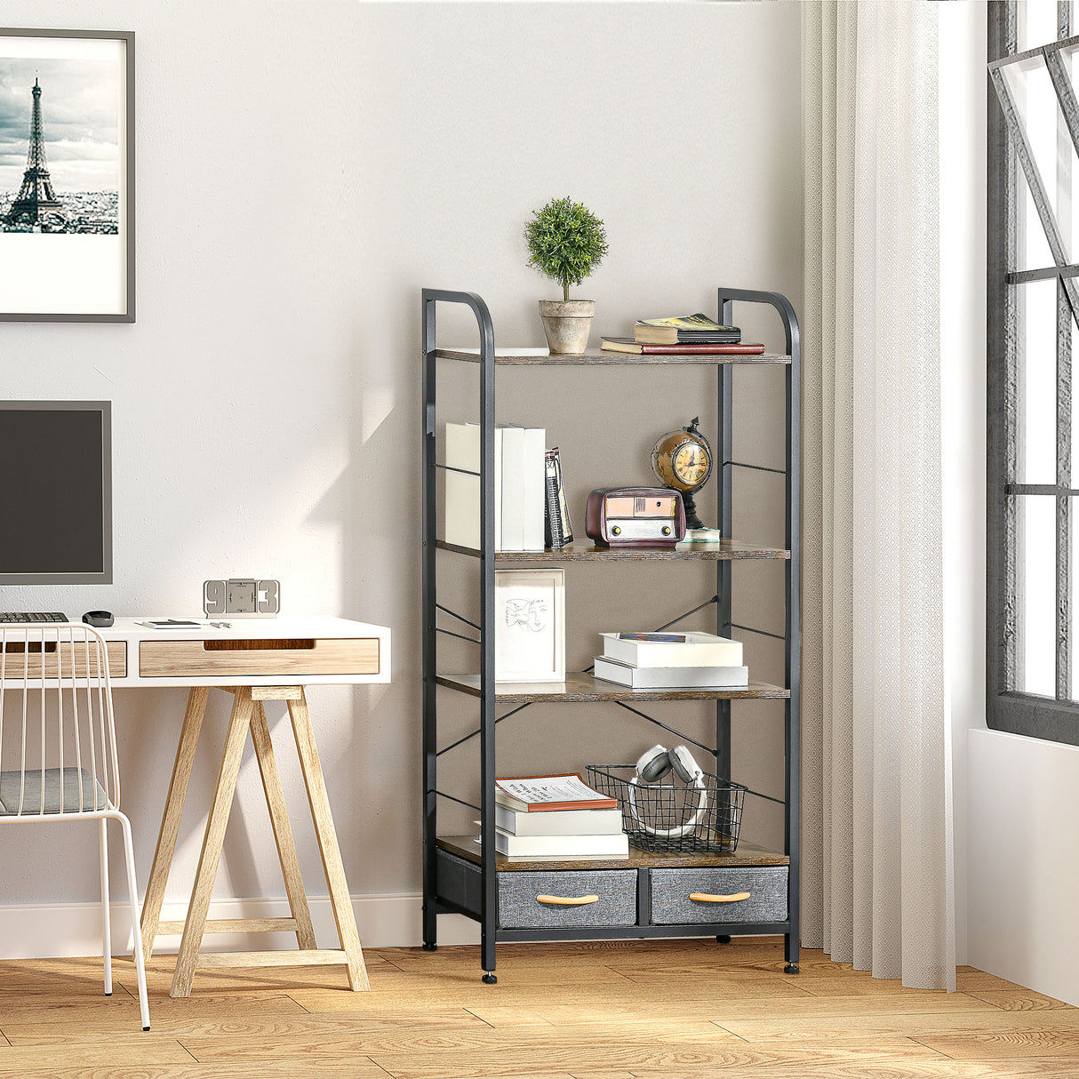 immagine-2-easycomfort-easycomfort-mobile-libreria-con-4-scaffali-e-2-cassetti-in-truciolato-acciaio-e-tessuto-effetto-lino-64x27-5x121-cm