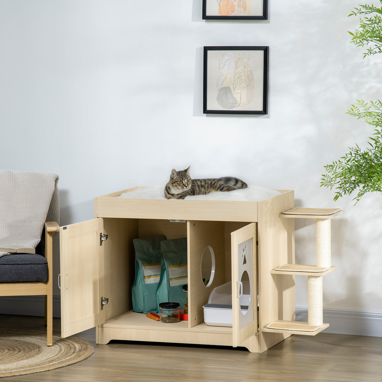 easycomfort easycomfort mobile per lettiera casetta per gatti con spazio portaoggetti e pali tiragraffi in legno 107x54x70 cm