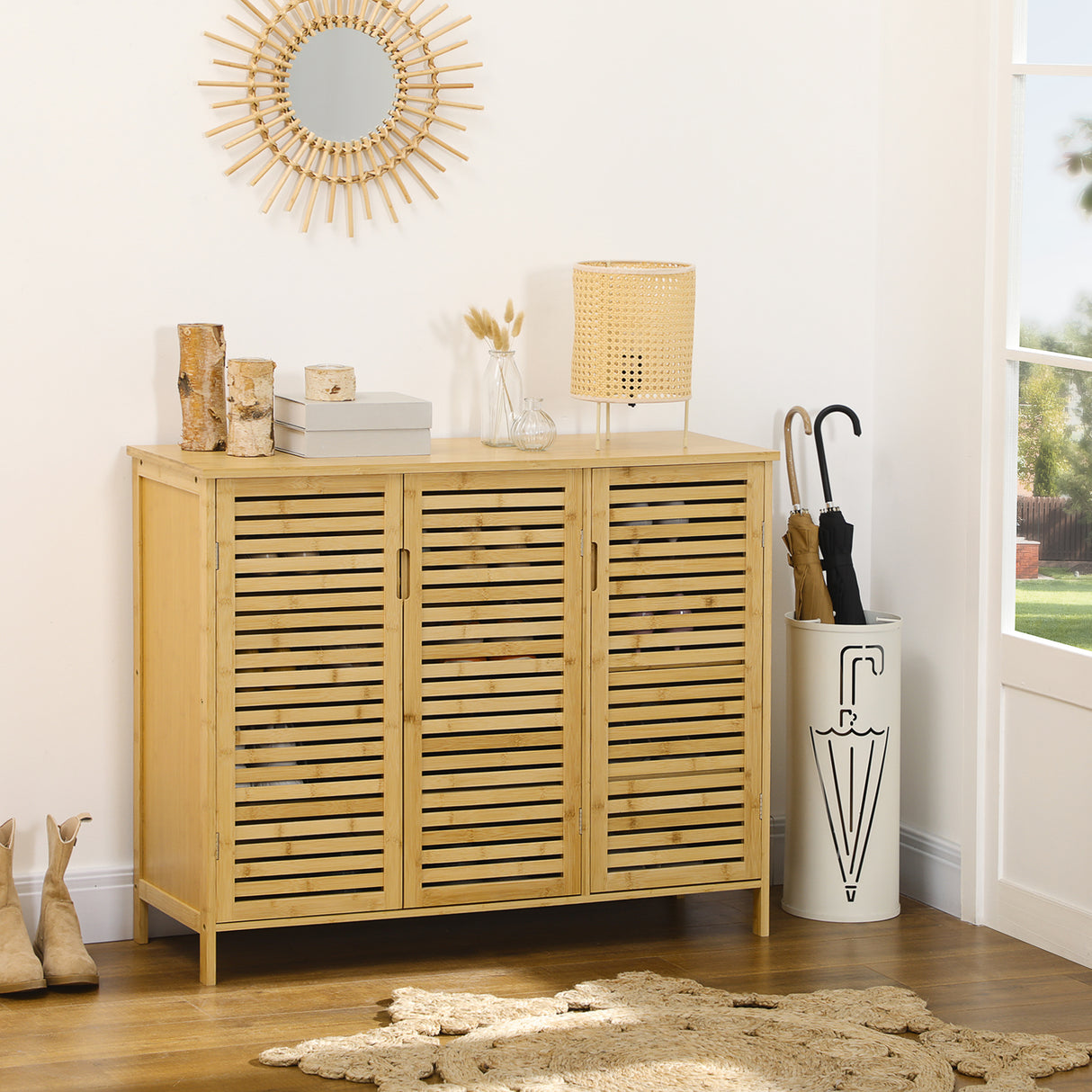 easycomfort easycomfort mobile scarpiera a 8 ripiani su 3 livelli con maniglie in bambu 100x35x80 cm color legno