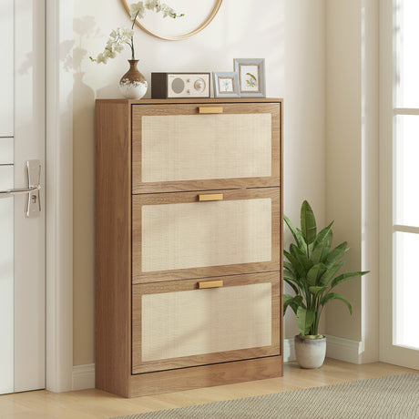 easycomfort easycomfort mobile scarpiera per 18 paia di scarpe con 3 cassetti ribaltabili in legno e rattan 80x25x120 cm marrone