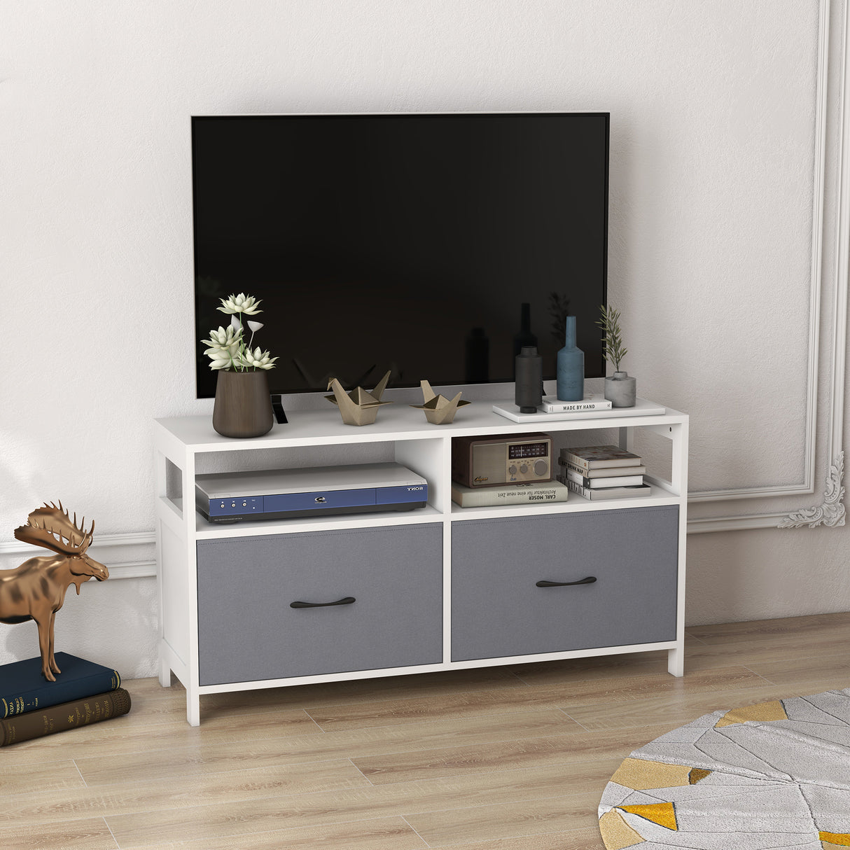 immagine-2-easycomfort-easycomfort-mobile-tv-45-max-in-mdf-e-tessuto-non-tessuto-con-2-cassetti-e-2-ripiani-100x30x53-cm-bianco-e-grigio