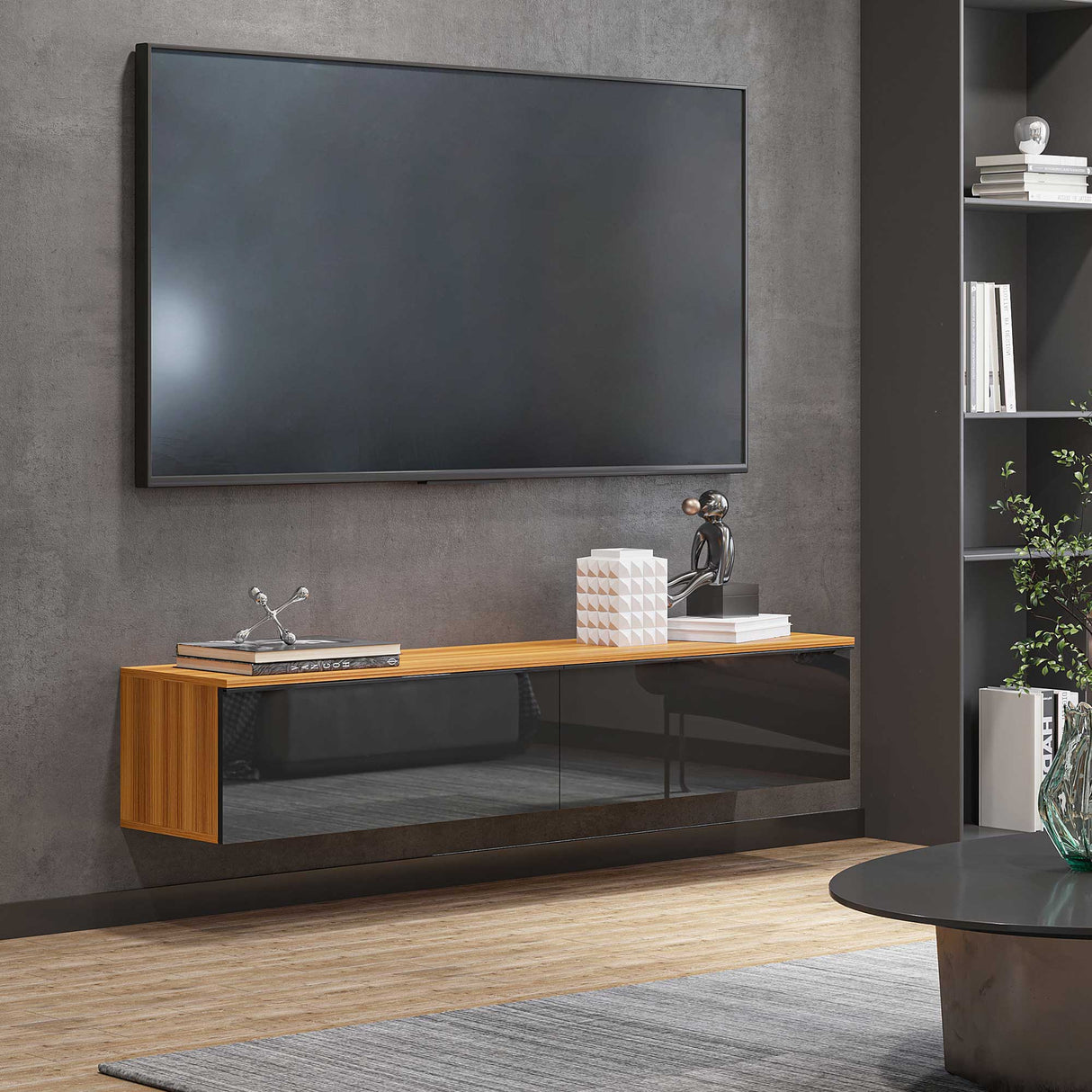 immagine-2-easycomfort-easycomfort-mobile-tv-con-design-lucido-a-parete-e-credenze-chiuse-in-truciolato-160x35x30-cm-marrone-e-nero