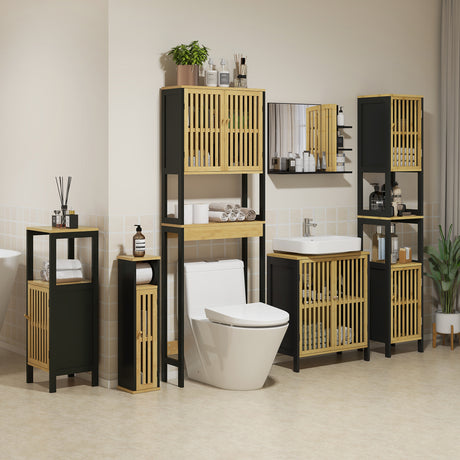 easycomfort easycomfort mobiletto bagno con ripiano aperto e armadietto in mdf e bambu 32x30x90 5 cm nero e color legno