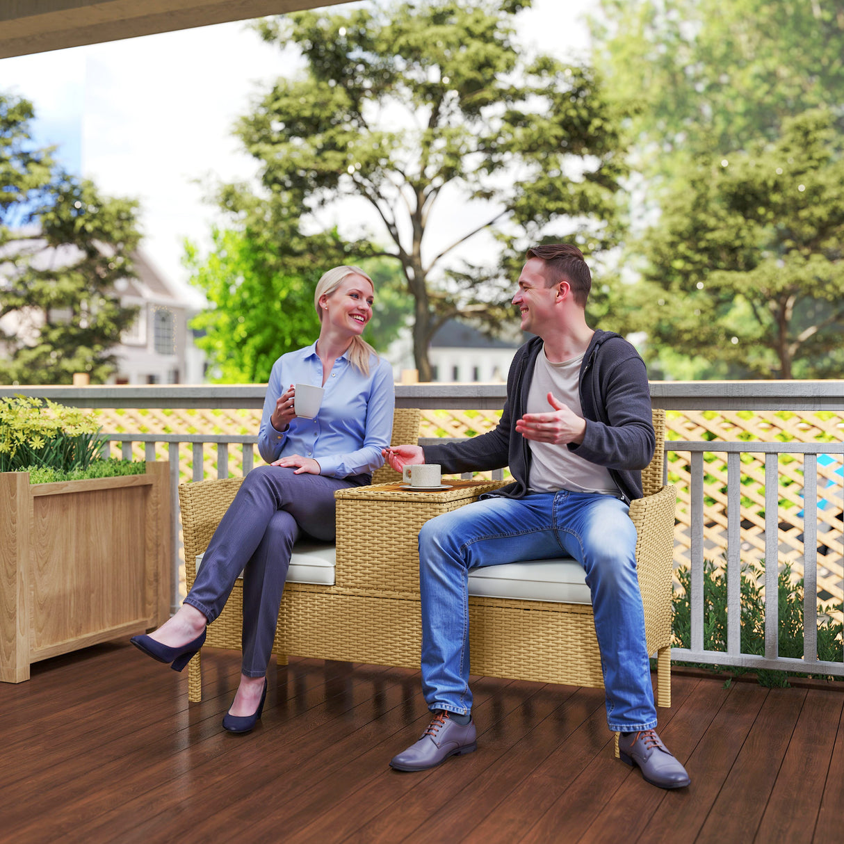 easycomfort easycomfort panca da giardino con tavolino a ribalta portaoggetti in rattan e acciaio 134x58x82 cm crema e cachi