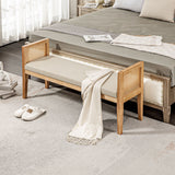 easycomfort easycomfort panca fondo letto boho con seduta imbottita e braccioli in legno e rattan 120x38x61 5cm crema