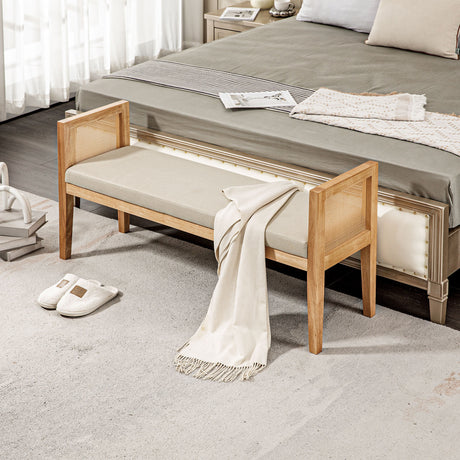 easycomfort easycomfort panca fondo letto boho con seduta imbottita e braccioli in legno e rattan 120x38x61 5cm crema