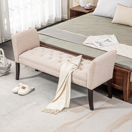 easycomfort easycomfort panca fondo letto imbottita e a bottoni in tessuto effetto lino e legno 141x44x65 cm beige