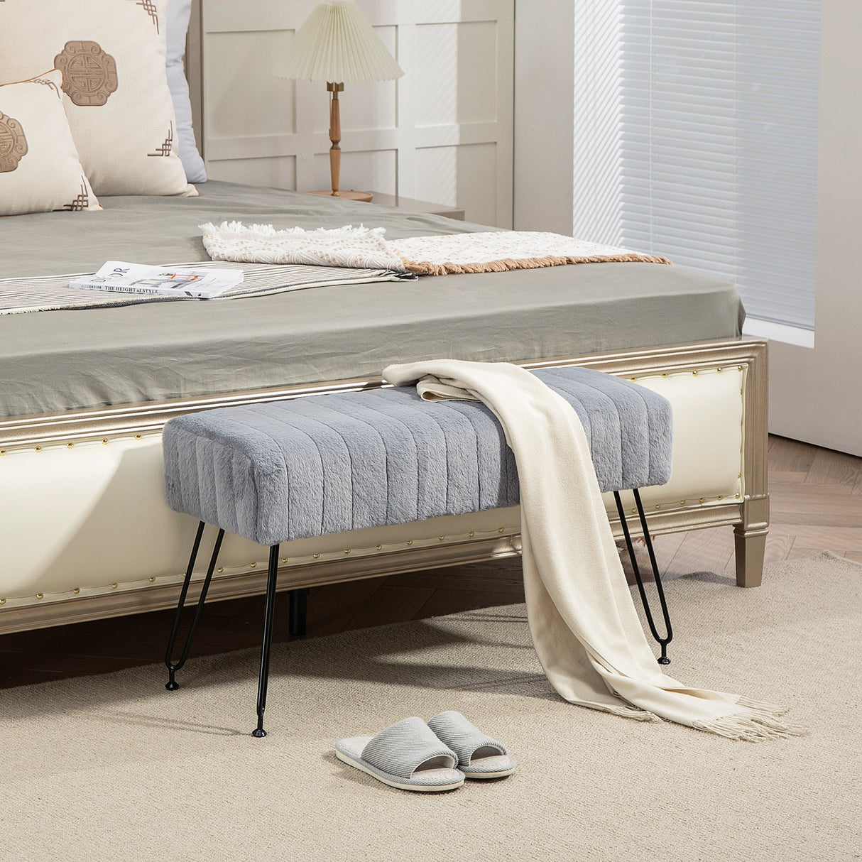 easycomfort easycomfort panca fondo letto imbottita in peluche legno e metallo 82x30x47 cm grigia e nera