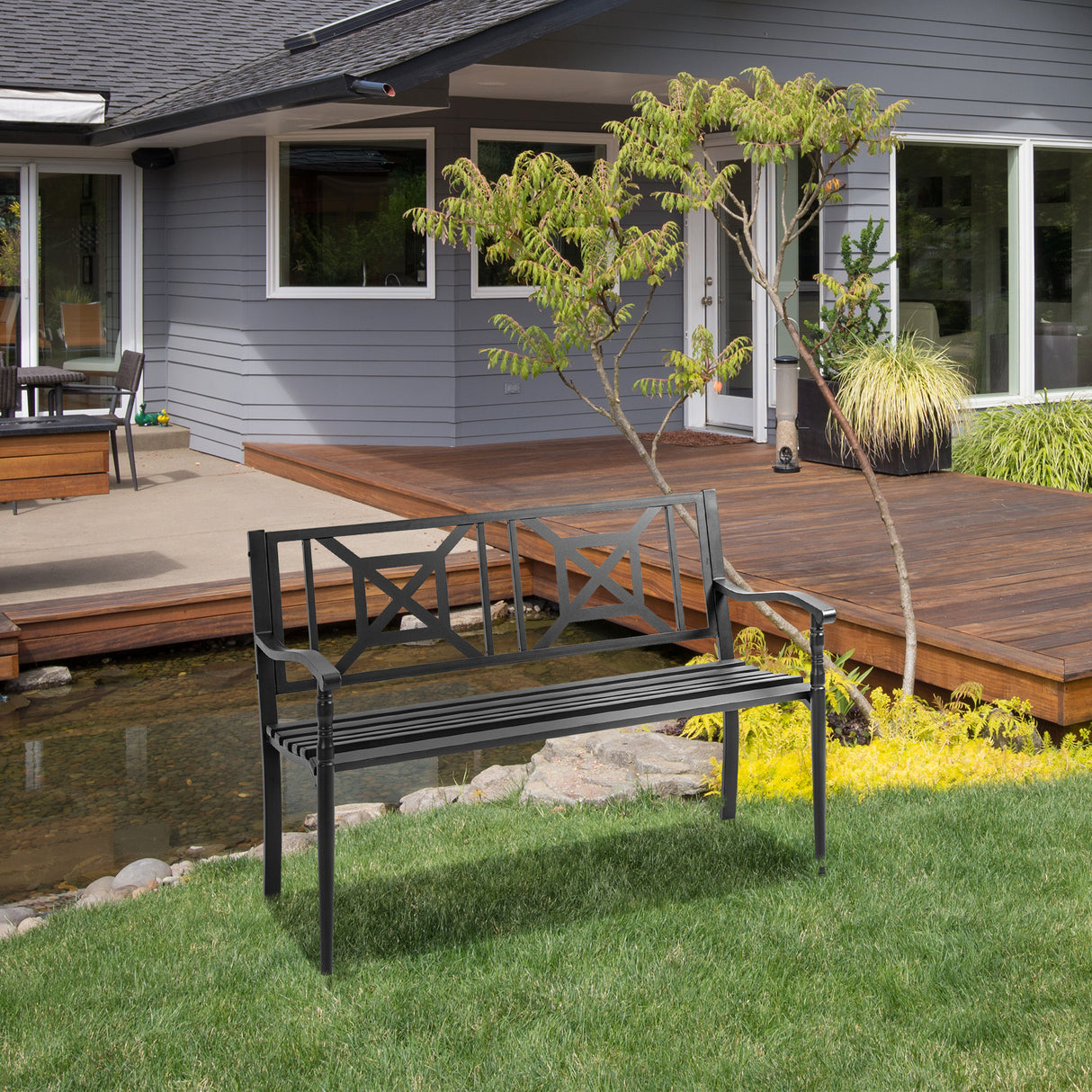 easycomfort easycomfort panchina da giardino in acciaio a 2 posti con schienale alto e braccioli 128x62 5x81 5 cm nero