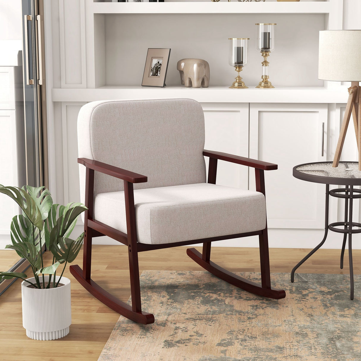 easycomfort easycomfort poltrona a dondolo in tessuto effetto lino e legno con braccioli e cuscini 66x78x76 cm beige e marrone