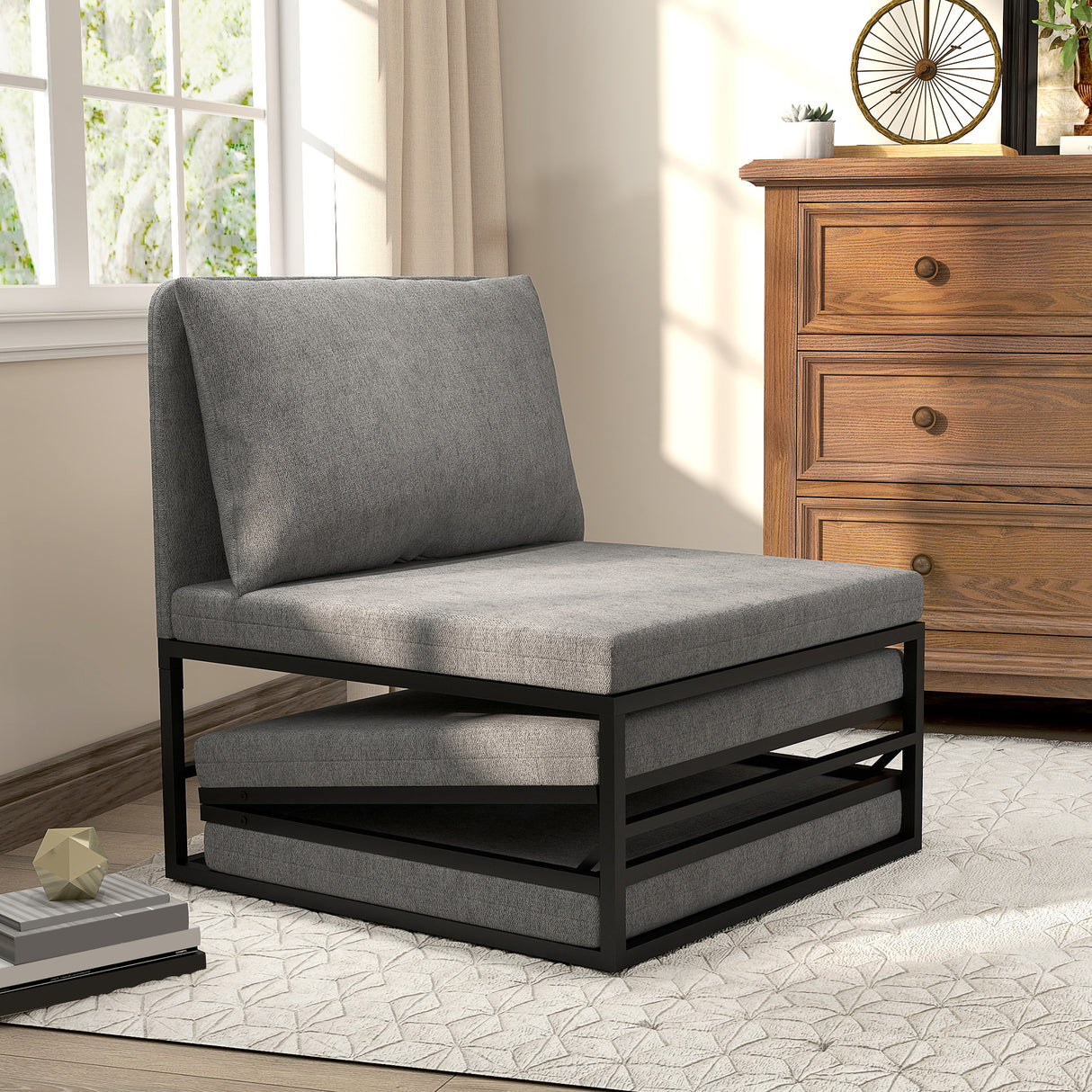 easycomfort easycomfort poltrona letto con cuscino e copertura protettiva in tessuto effetto lino e metallo 66x70x74 cm grigio