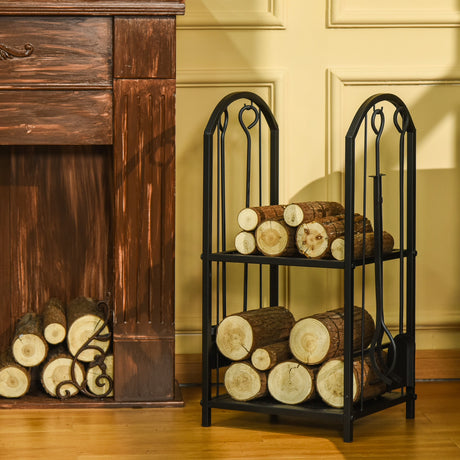 easycomfort easycomfort portalegna a 2 ripiani in metallo con paletta scopa attizzatoio e pinza 41 5x32 5x74 5 cm nero