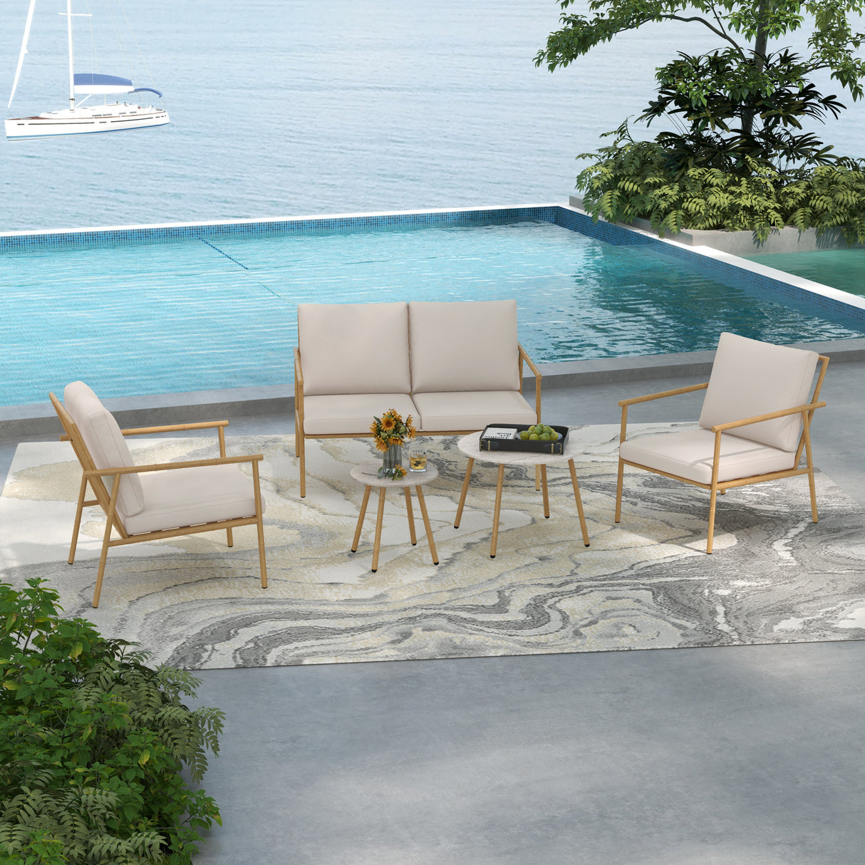 easycomfort easycomfort salotto da giardino con divano 2 poltroncine e 2 tavolini effetto bambu con cuscini marrone