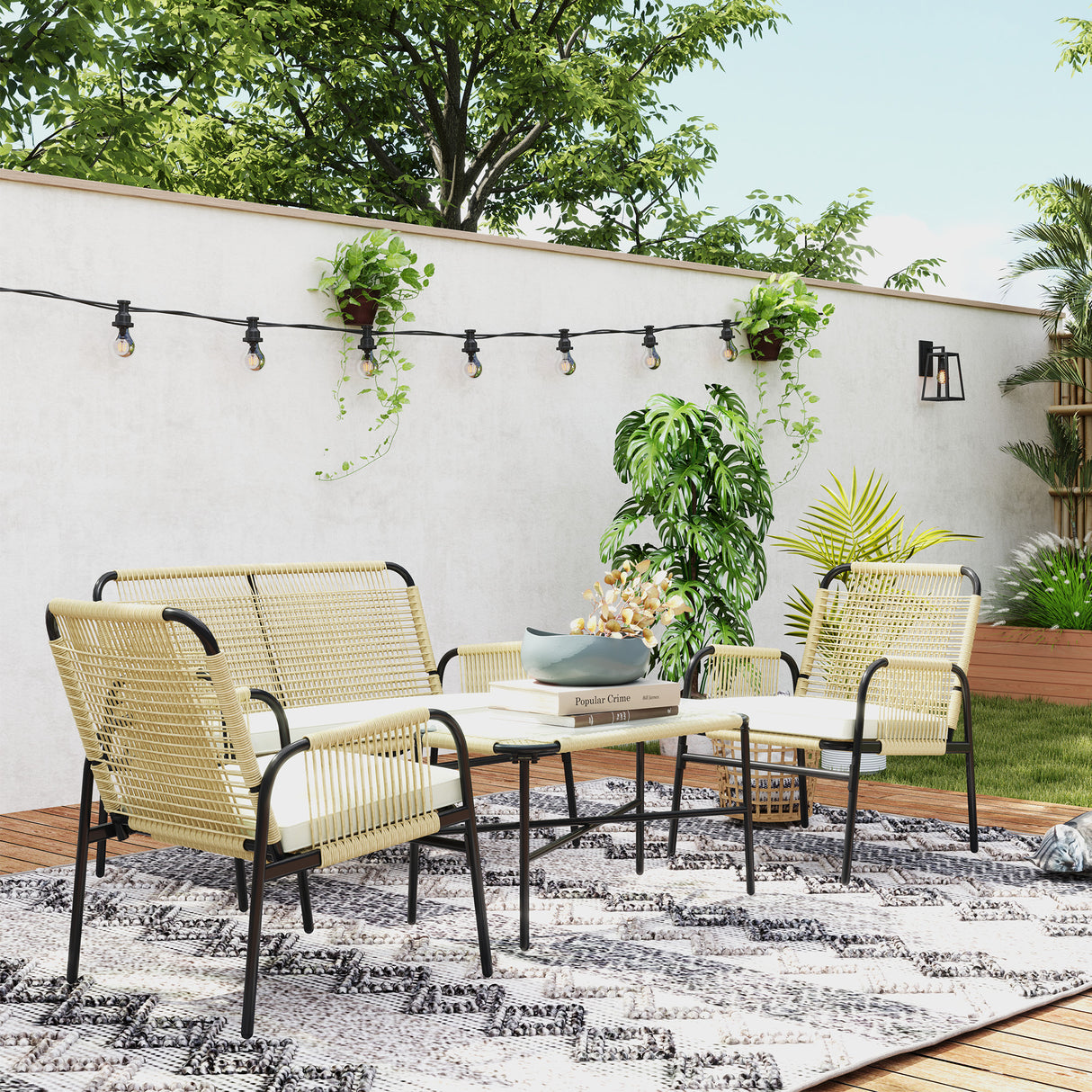 easycomfort easycomfort salotto da giardino in rattan pe con divanetto e 2 poltrone con cuscini tavolino in vetro giallo